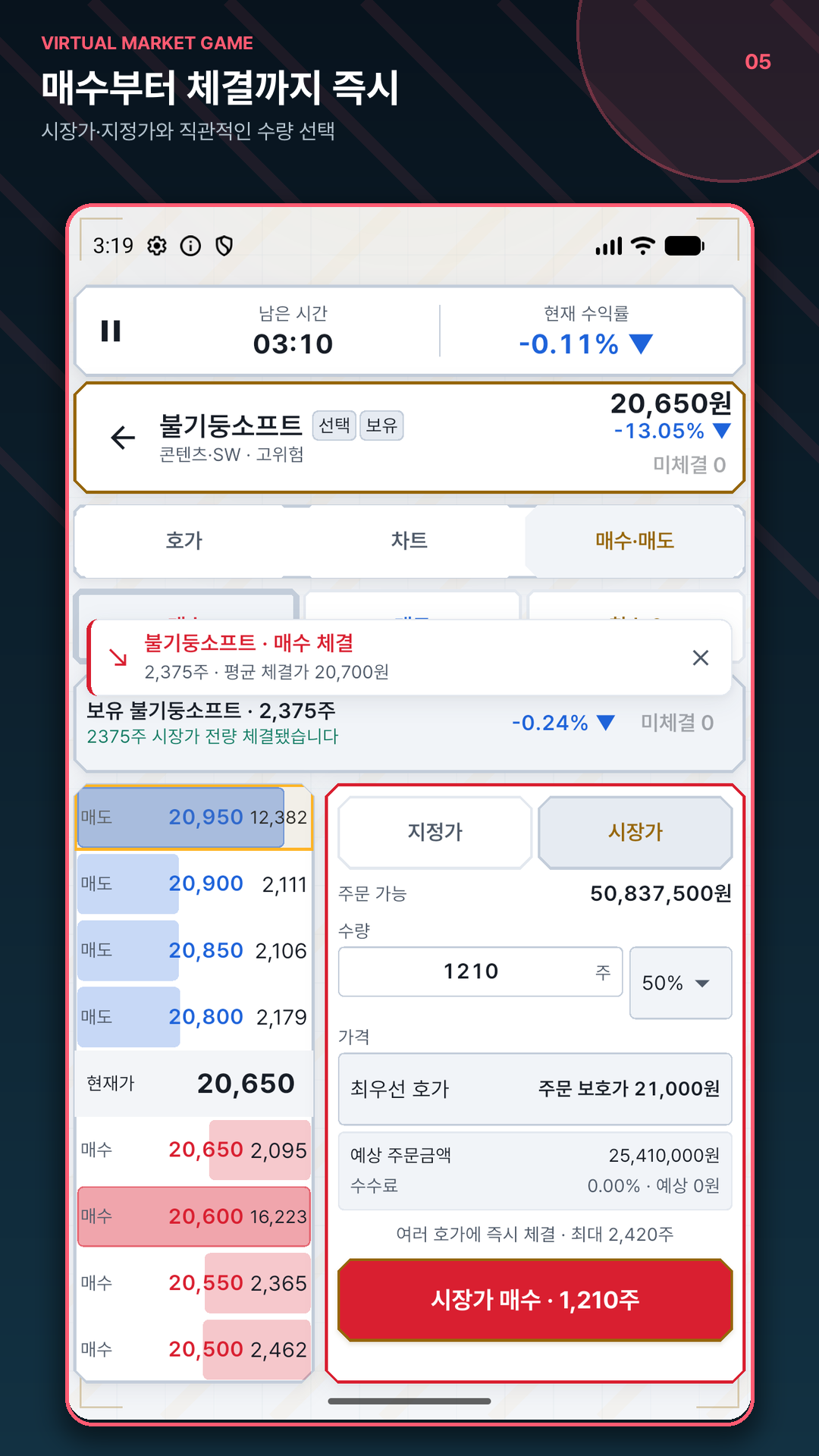 가상 종목의 호가와 시장가 주문 체결 화면